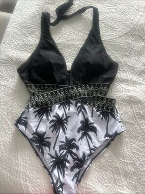 Black Halter One-Piece Swimsuit with Palm Print